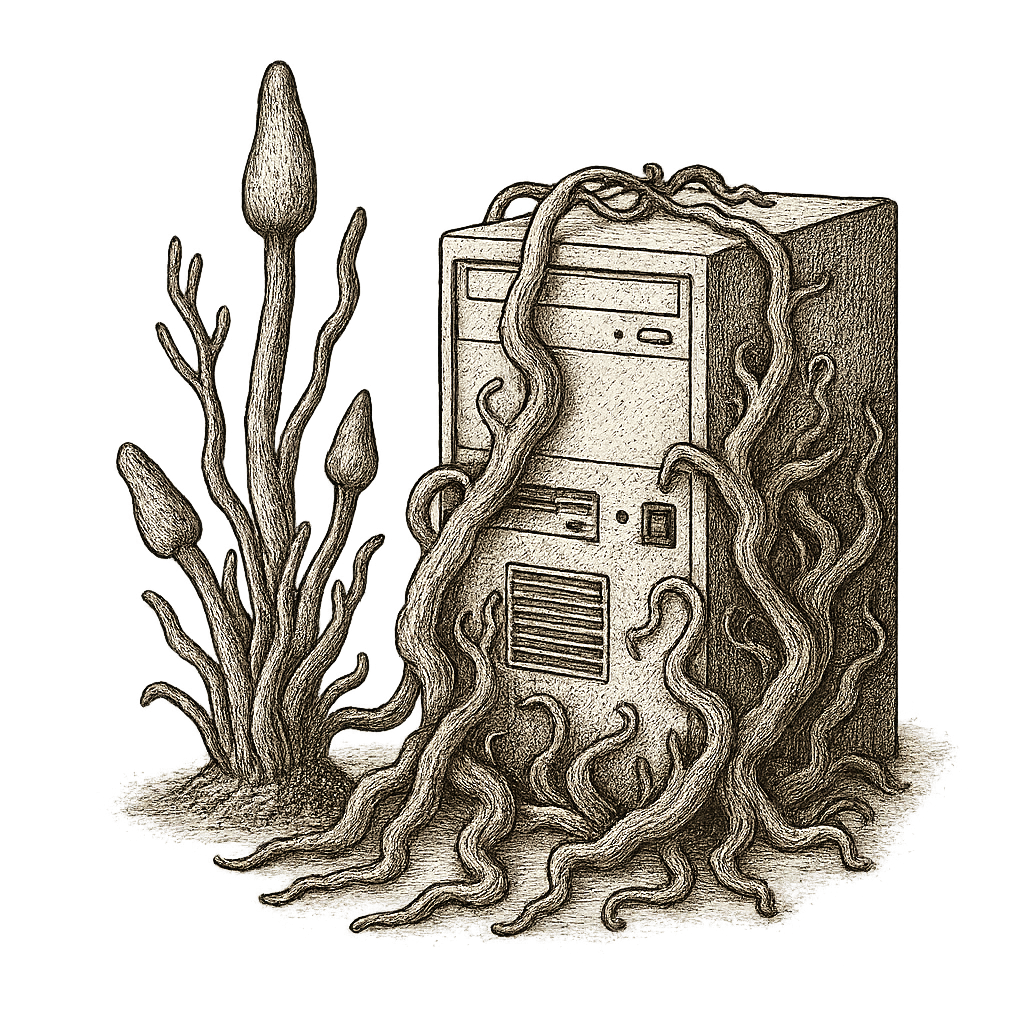 Vintage ink illustration of a fungus infecting a computer tower